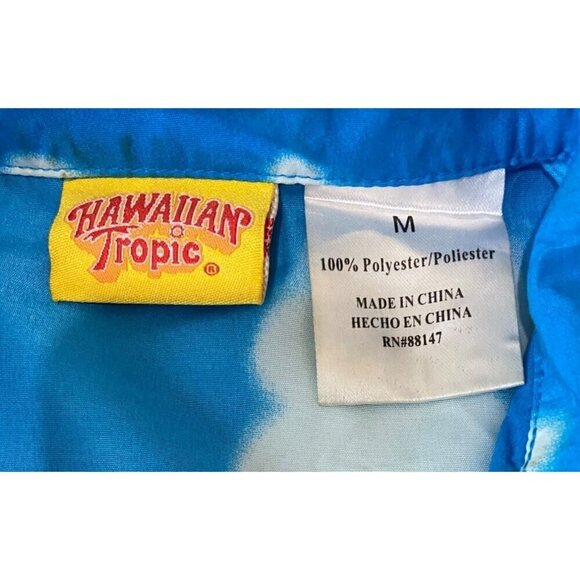 Hawaiian Tropic Aloha Sun Palm Trees Mens Short Sleeve Button Up Shirt M Blue - Picture 5 of 5
